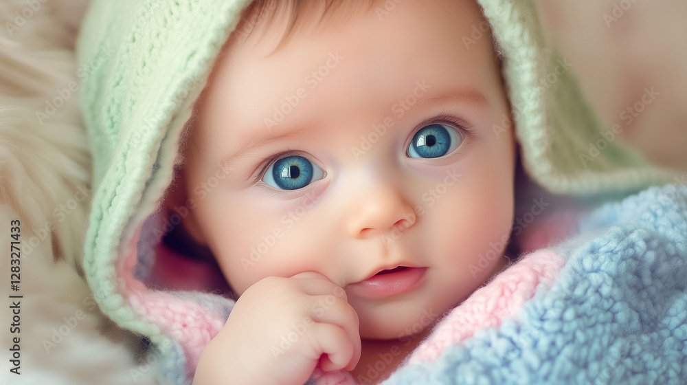 Cute baby smiling with innocence on face, under blanket child relaxing on the bed. Cute baby smiling with innocence on face, under blanket child relaxing on the bed.