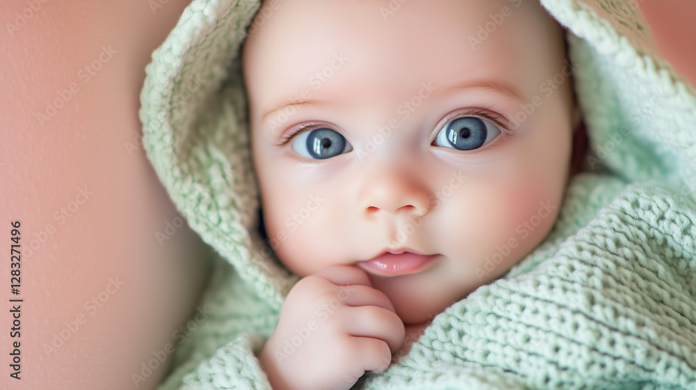 Cute baby smiling with innocence on face, under blanket child relaxing on the bed. Cute baby smiling with innocence on face, under blanket child relaxing on the bed.