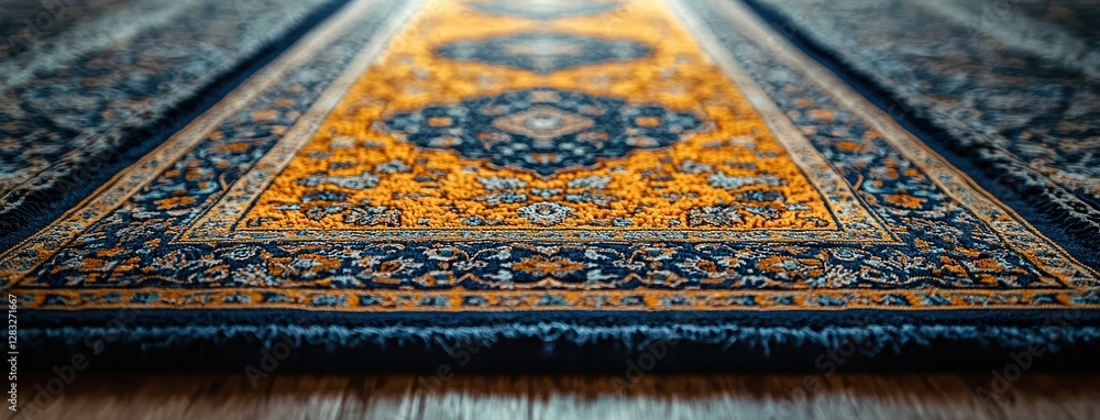 close up of prayer mat with intricate designs, featuring rich blue and gold colors, showcasing detailed patterns and textures. mat is placed on wooden floor, highlighting its craftsmanship close up of prayer mat with intricate designs, featuring rich blue and gold colors, showcasing detailed patterns and textures. mat is placed on wooden floor, highlighting its craftsmanship
