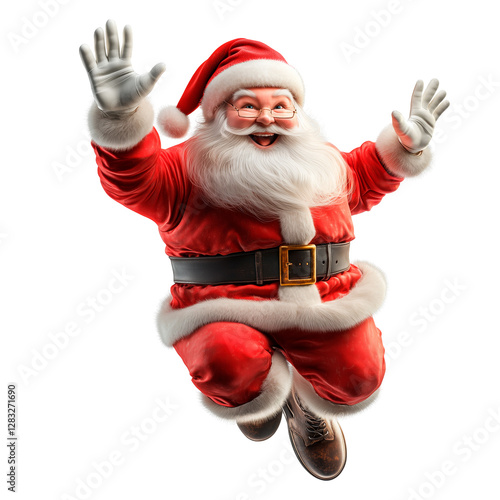 Santa Claus jumping joyfully with arms raised, dressed in a traditional red suit with white fur trim and a green belt, isolated on a transparent background. photo