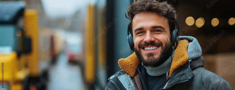 Fototapeta premium man wearing headphones smiles outdoors near truck, conveying sense of contentment and focus. background suggests busy, industrial setting, possibly related to logistics or transportation