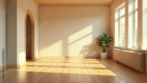 Wallpaper Mural Sunlit Empty Room with Hardwood Floors, Arched Doorway, and Houseplant Torontodigital.ca