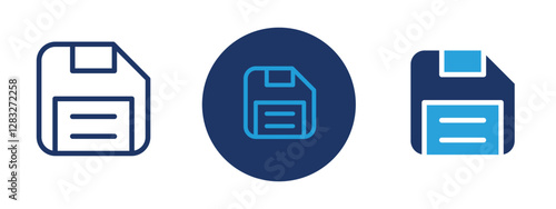 Set of 3 pixel perfect colored Floppy icon with 1 unexpanded, 1 silhouette, a simple and clear floppy disk icon representing data storage.
