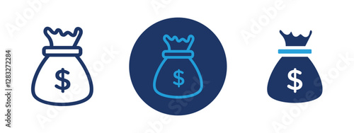 Set of 3 pixel perfect colored Money Bag icon with 1 unexpanded, 1 silhouette, a simple and clear money bag icon symbolizing wealth or finance.