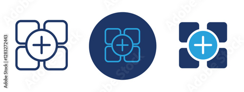 Set of 3 pixel perfect colored Add Apps icon with 1 unexpanded, 1 silhouette, a simple and clear icon representing the addition of applications or software.