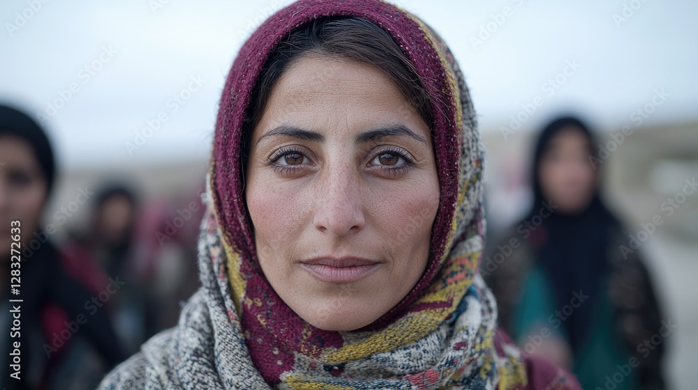 Woman in Hijab, Serious Gaze, Group in Background, Possible Documentary Use Woman in Hijab, Serious Gaze, Group in Background, Possible Documentary Use