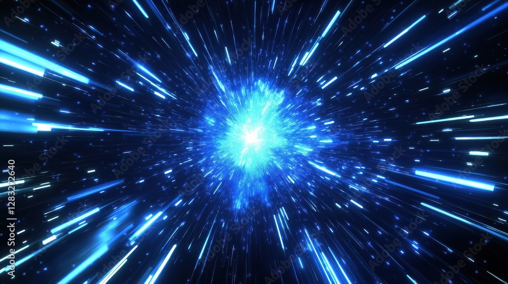 Fototapeta premium Vibrant blue cosmic explosion with light streaks in a dark space backdrop.
