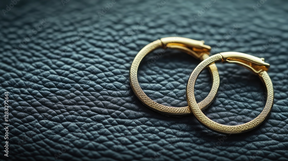 Minimalist gold hoop earrings, resting on a smooth black leather surface for a modern aesthetic. No text, no people. Minimalist gold hoop earrings, resting on a smooth black leather surface for a modern aesthetic. No text, no people.