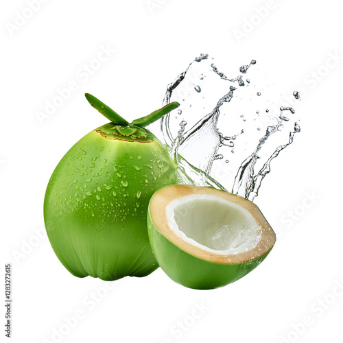 Green coconut with water splash on transparent background
