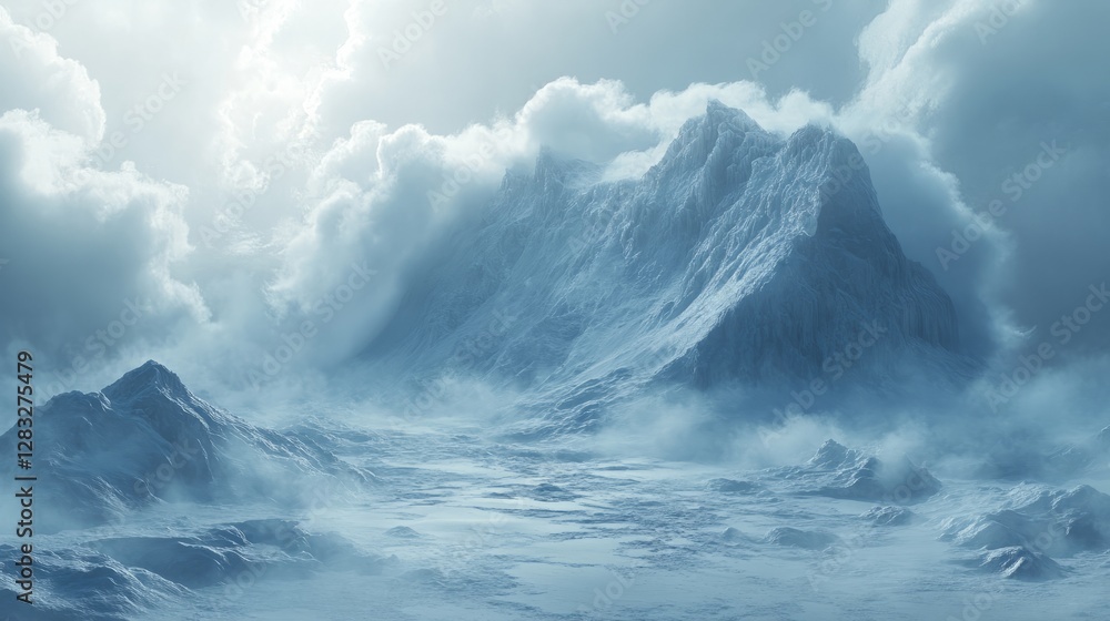 Fototapeta premium Melting glaciers at the North Pole with exposed Arctic water and thick cloud cover