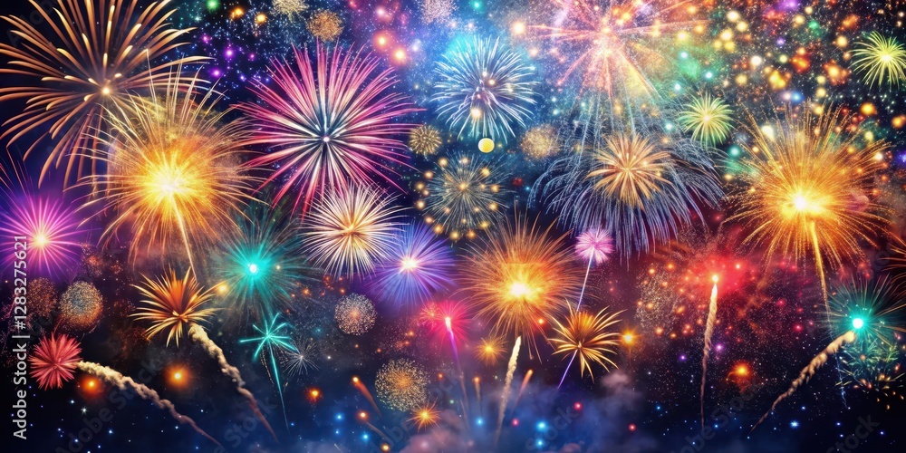Fototapeta premium Colorful fireworks explode in the night sky with glittering confetti scattered everywhere, night sky, confetti