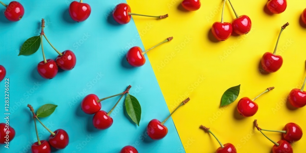 Vibrant Red Cherries Arranged on a Two-Tone Background of Blue and Yellow Vibrant Red Cherries Arranged on a Two-Tone Background of Blue and Yellow