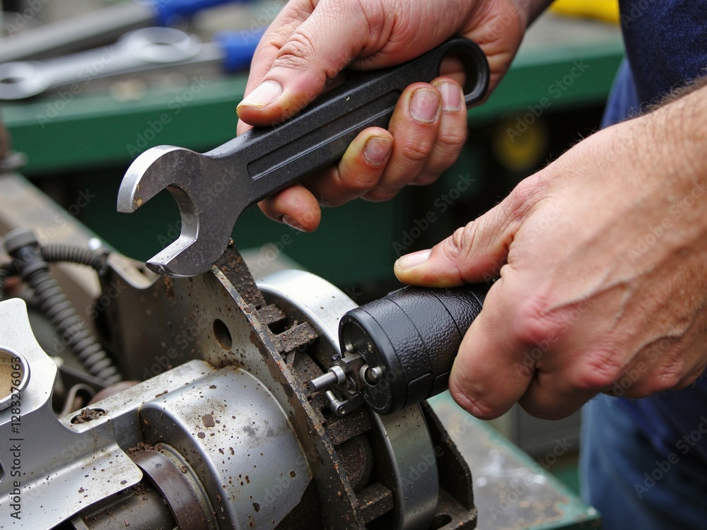 Fototapeta premium A mechanic disassembles a complex mechanical unit in a workshop. 