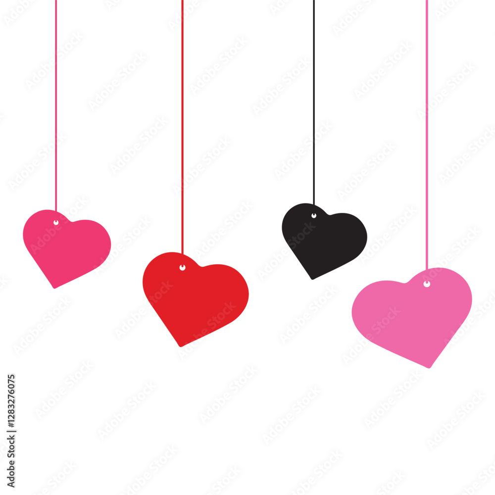 colorful hanging heart shapes on strings isolated on white background perfect for valentine's day love-themed designs romantic decorations and creative graphic projects colorful hanging heart shapes on strings isolated on white background perfect for valentine's day love-themed designs romantic decorations and creative graphic projects
