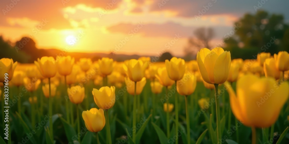 Obraz premium Golden Hour in a Field of Yellow Tulips, Bathed in the Warm Glow of the Setting Sun