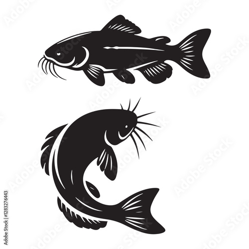 Majestic Catfish silhouette, capturing the grandeur of this river dweller - Catfish illustration - Minimalist Catfish vector - Fish silhouette
