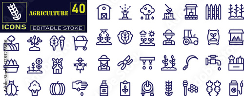 Set of outline icons related to agriculture. a comprehensive collection of line icons representing various aspects of farming, gardening, and rural life.