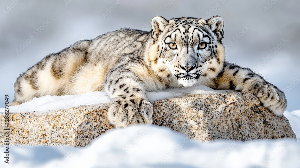 Obraz premium A rare snow leopard in its natural habitat, blending seamlessly into the icy terrain.