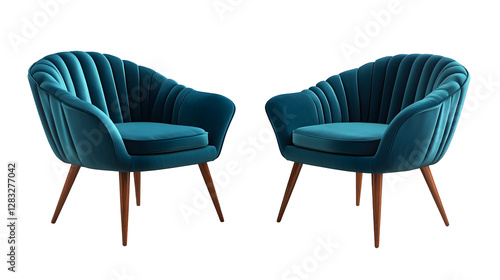 Teal Velvet Accent Chairs with Wooden Legs in Modern Minimalist Interior Design Setting