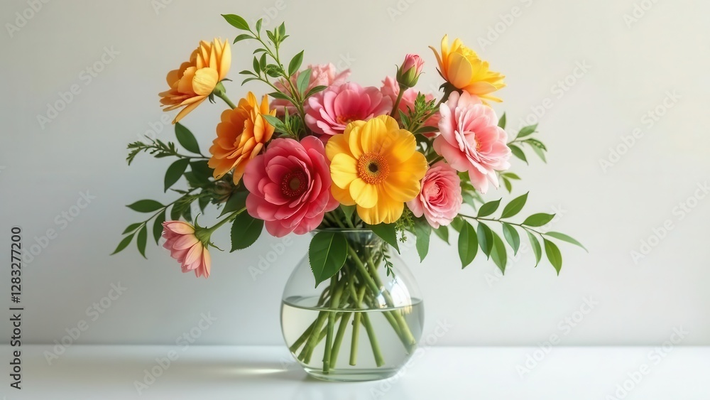 A vibrant bouquet of coral and yellow blossoms arranged in a clear glass vase, exhibiting a delightful mix of textures and colors, sits on a bright white surface against a muted background. A vibrant bouquet of coral and yellow blossoms arranged in a clear glass vase, exhibiting a delightful mix of textures and colors, sits on a bright white surface against a muted background.