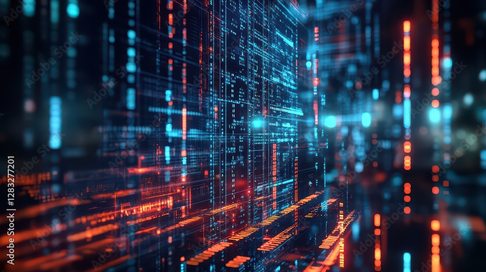 Computer screen displaying lines of blue and red representing a cyber-economic collapse concept Computer screen displaying lines of blue and red representing a cyber-economic collapse concept