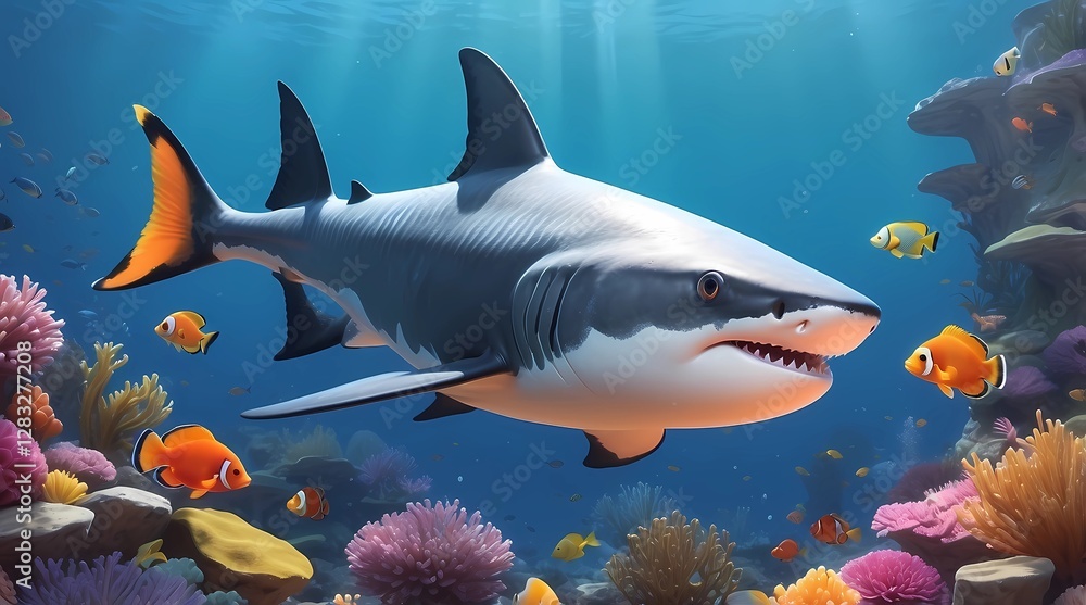 Fototapeta premium A shark is swimming in a coral reef with a variety of fish swimming around it