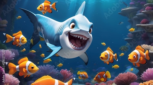 A cartoon shark is surrounded by a group of fish, including a few orange ones