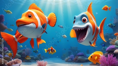 Two fish with big smiles on their faces are swimming in a school of fish