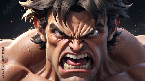 A cartoonish drawing of a man with a big, angry face