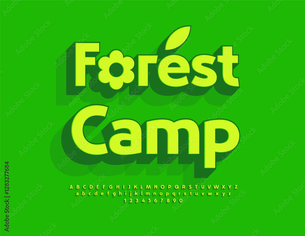 VectorEcologic template Forest Camp with Artistic Flower. Bright Creative Font. 3D Green set of Fashion Alphabet Letters and Numbers. VectorEcologic template Forest Camp with Artistic Flower. Bright Creative Font. 3D Green set of Fashion Alphabet Letters and Numbers.