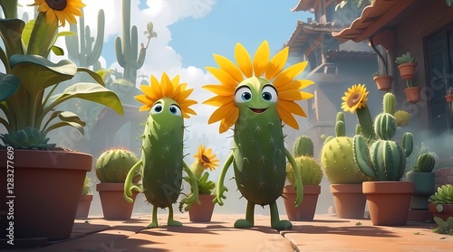 Two cactus plants with flowers are standing next to each other