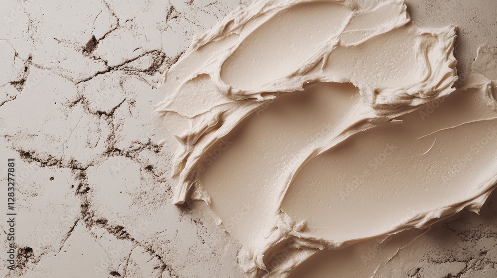 Soothing cream texture with visible swirls, placed on a natural stone background for skincare branding. No text, no people. Soothing cream texture with visible swirls, placed on a natural stone background for skincare branding. No text, no people.