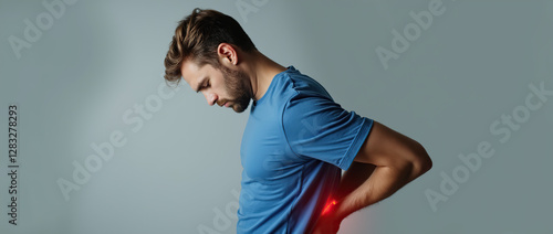 Young guy suffering from severe backache, touching back trying to ease pain.