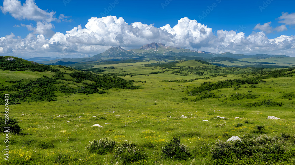 Fototapeta premium Mountain vista, green valley, summer cloudscape, scenic landscape, travel photography