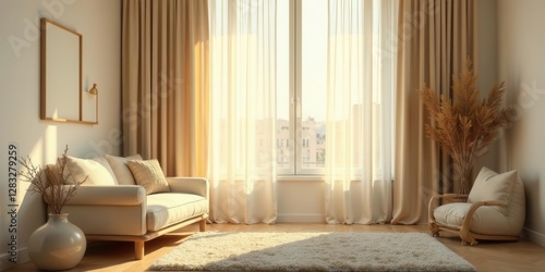Sunlit Living Room with Neutral Decor and Soft Textures Featuring a Comfortable Sofa and Cozy Armchair
