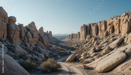 A winding desert road through impressive stone formations under a blue sky photo