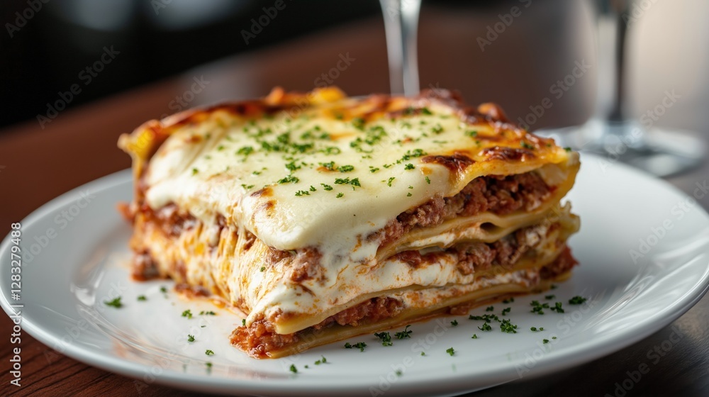 Slice of lasagna on a white plate. the lasagna is layered with layers of layers of meat and cheese, and is topped with melted cheese and chopped herbs. Slice of lasagna on a white plate. the lasagna is layered with layers of layers of meat and cheese, and is topped with melted cheese and chopped herbs.