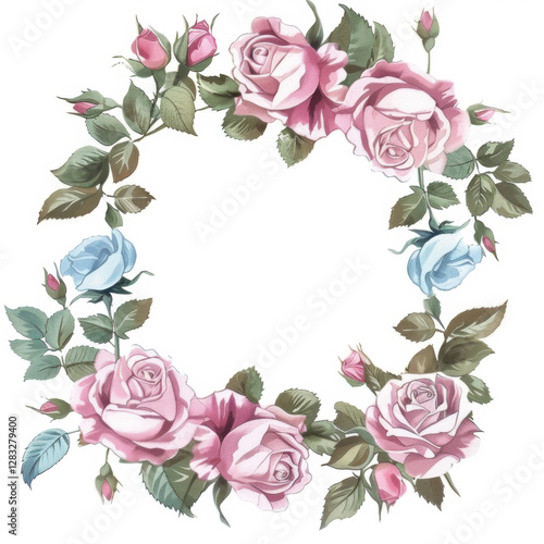Floral wreath design featuring pink and blue roses with green leaves, perfect for invitations