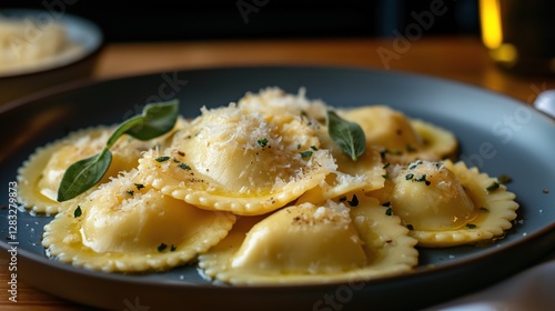 Plate of ravioli on a wooden table. the raviolis are arranged in a circular pattern on a dark blue plate. photo