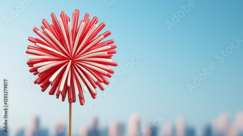 Abstract Red and White Firework Form Against Blurred Cityscape