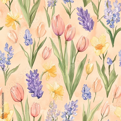 Wallpaper Mural Colorful floral seamless pattern featuring tulips, daffodils, and lavender on a soft peach background Torontodigital.ca