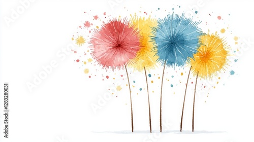 Abstract Watercolor Dandelions Red, Yellow, and Blue Floral Painting