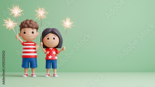 Joyful Cartoon Children with Sparklers on Pastel Green Background