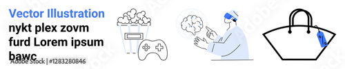 Gamer with console snacks, person using augmented reality headset, designer handbag. Ideal for technology, entertainment, gaming, shopping, retail, virtual reality flat landing page banner
