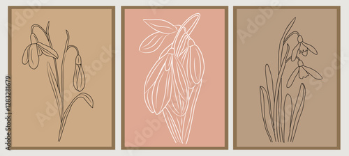 Snowdrop, January birth month flowers Line Art Drawing Print Set. Botanical Poster. Modern Line Art, Aesthetic Contour. Vector outline illustrations on neutral earth tone color backgrounds.