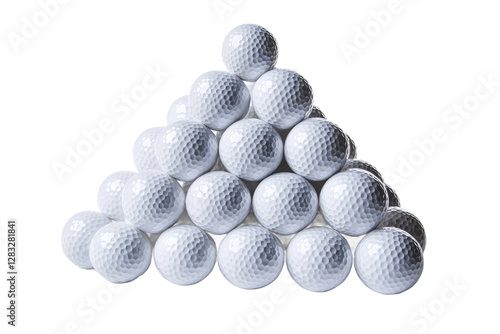 Golf balls arranged in a triangular formation