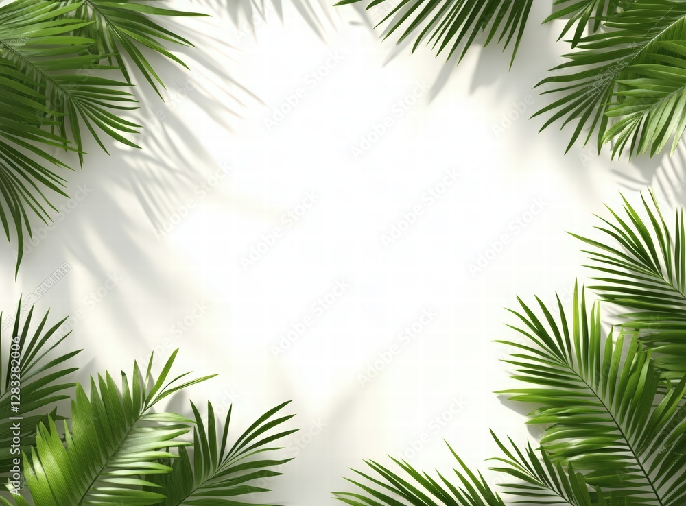 summer background with tropical leaves and shadows on a white table. shadows from palm leaves summer background with tropical leaves and shadows on a white table. shadows from palm leaves