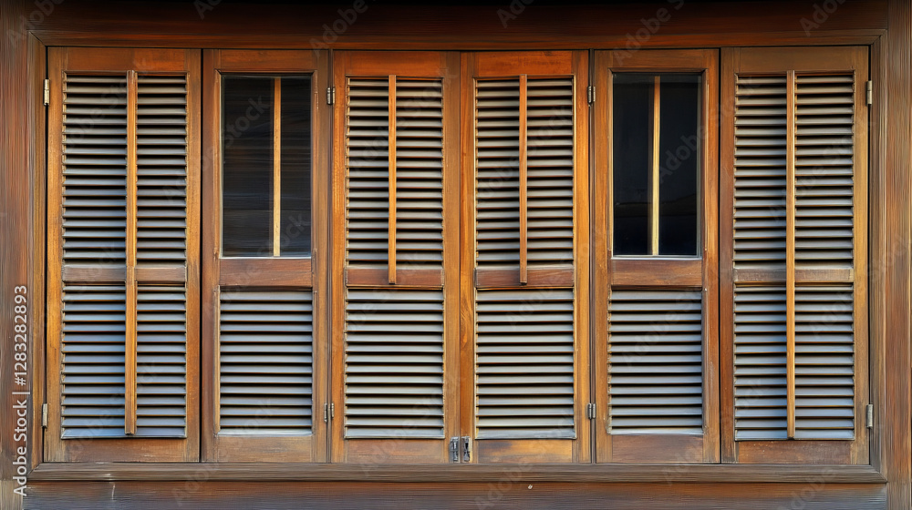 Fototapeta premium Window wooden rolling shutters, brown venetian blinds isolated on white background. Vector realistic set of wood jalousie curtains, louver shades for home or office interior