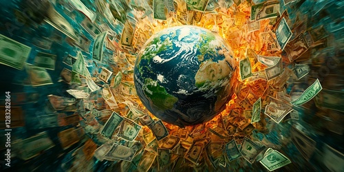 explosive growth of global wealth: earth surrounded by flying currency notes