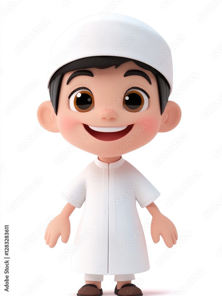 A smiling cartoon boy wearing a white head covering A smiling cartoon boy wearing a white head covering